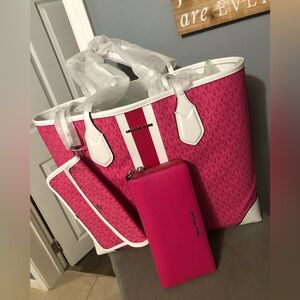 Michael Kors New With Tags Pink and White Tote Bag with pouch/Matching Wallet